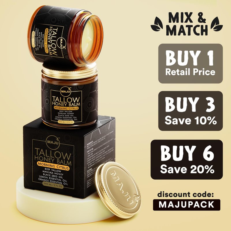 MAJU Tallow Honey Balm, Morning Citrus (2 oz), Grass Fed Beef Tallow for Skin with Organic Black Seed Oil, Manuka Honey and Organic Beeswax, Skin and Face Moisturizer for Deep Hydration