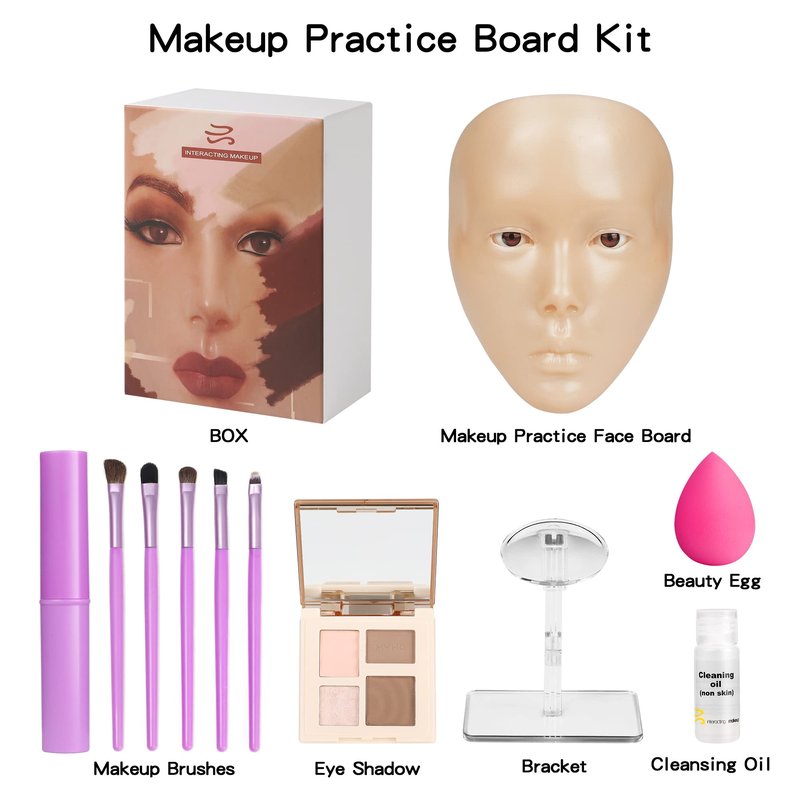 Bueuo Makeup Practice Face, 5D Reusable Silicone Make up Practice Board Mannequin Face with Makeup Brushes Sponge Set and Eyeshadow Board Kit for Emerging Artist, Girl's Gift, White