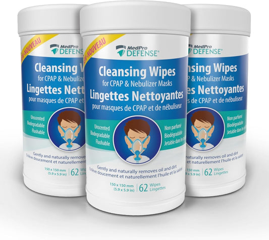 MedPro Defense CPAP Mask Cleansing Wipes for Daily Cleaning, Gently Removes Dirt and Oil, Biodegradable, Unscented, Lint-Free, and Flushable 62 count