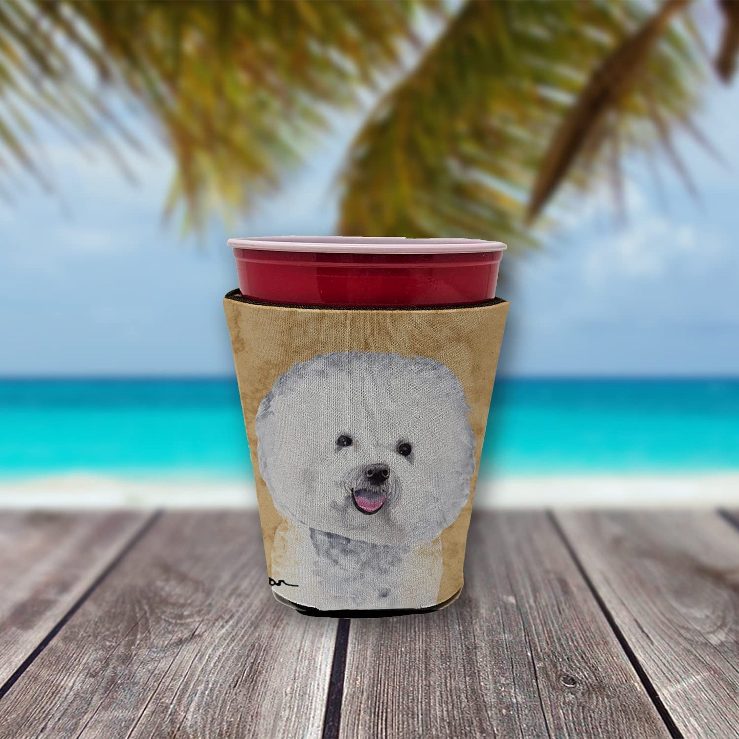 Caroline's Treasures SC9135RSC Bichon Frise Red Cup Hugger Cup Cooler Sleeve Hugger Machine Washable Drink Sleeve Hugger Collapsible Insulator Beverage Insulated Holder