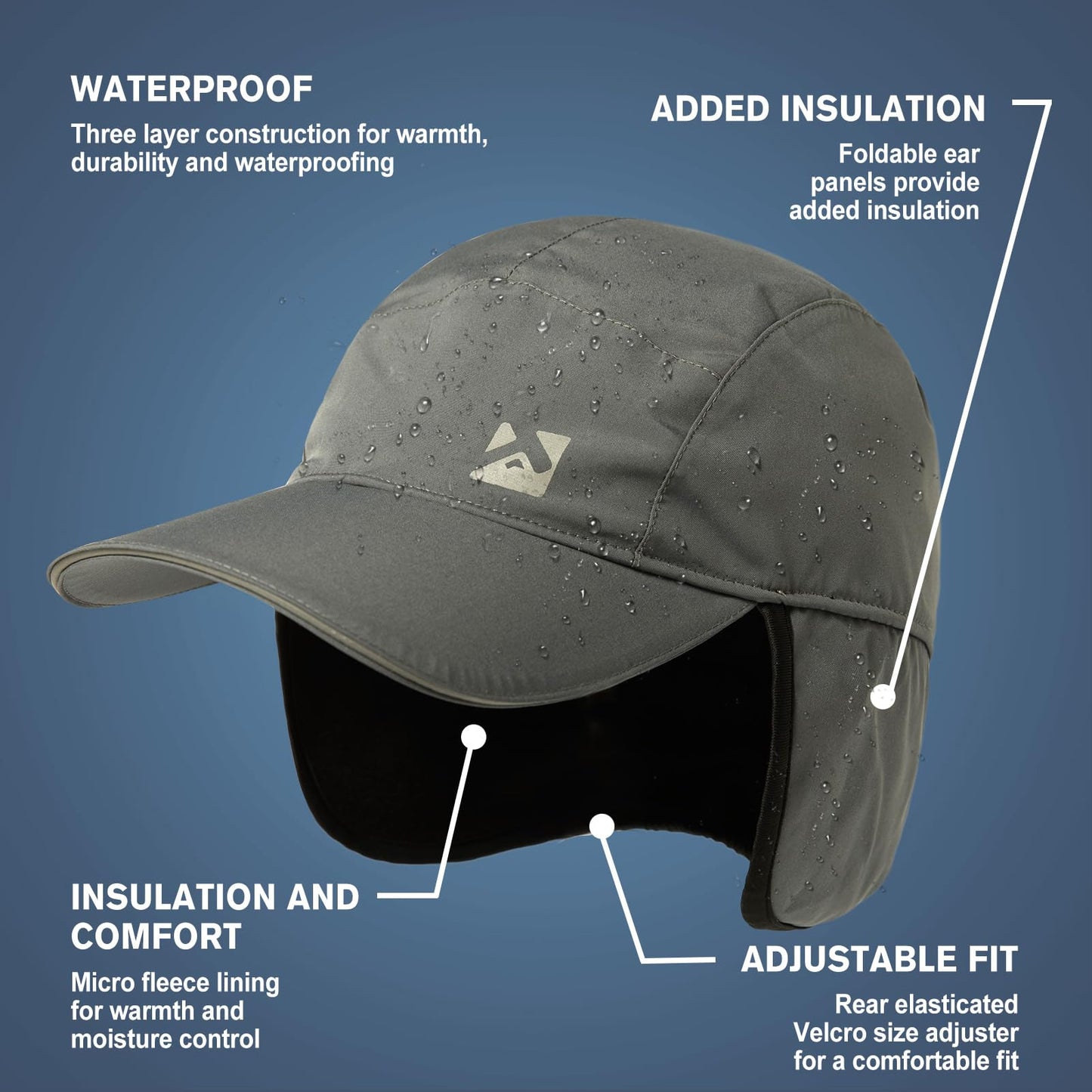 TOP-EX M/L Men Women Waterproof Winter Baseball Cap Fleece Earflap Trapper Hat for Cold Weather Big Heads Gray Large
