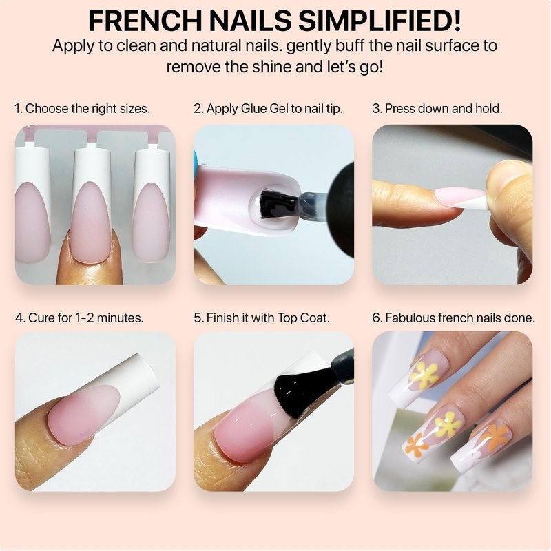 French Tip Press On Nails - Pink Extra Short Square | 150 Pieces in 15 Sizes with Pre-Applied Primer and Base Coat