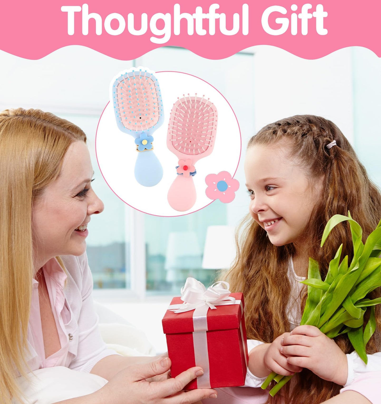 Toddler Hair Brush Girl, 2 Pcs Toddler Detangler Brush for Wet Dry Hair, Kids Boys and Girls with 2 Hair-Ties (Pink & Blue)