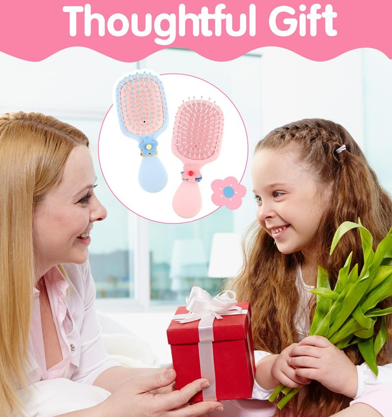 Toddler Hair Brush Girl, 2 Pcs Toddler Detangler Brush for Wet Dry Hair, Kids Boys and Girls with 2 Hair-Ties (Pink & Blue)