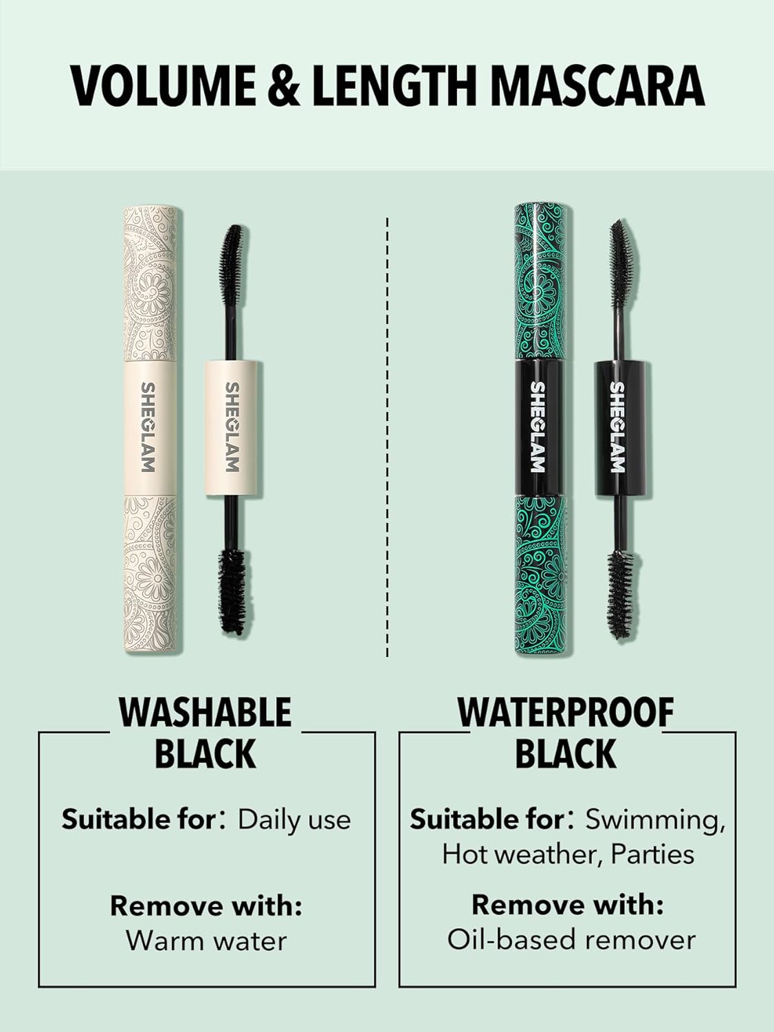 SHEGLAM 2 In 1 Black Volume and Length Waterproof Mascara Long Lasting Dual-Ended Tubing Eye Makeup