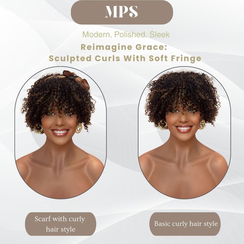 MPS Kinky Curly Wig with Bangs Blonde Highlight Wigs 3C-4A Coily Afro Curl Human hair Wig Short Human Hair for Black Women Ready to Wear
