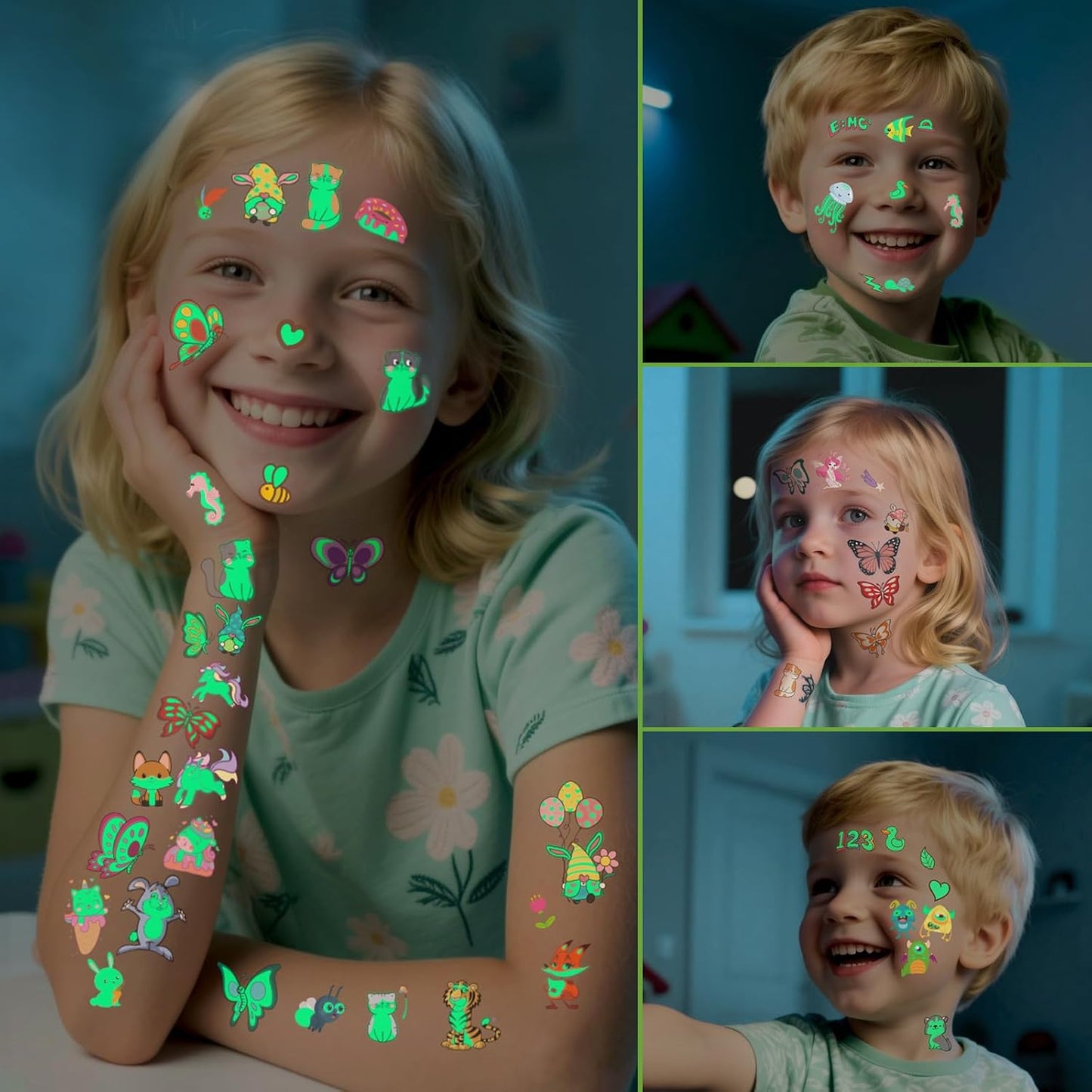 310 Pcs Luminous Temporary Tattoos For Kids,Mixed Styles Glow In The Dark Tattoos for Boys and Girls,Butterfly Dinosaur Pirate Mermaid Fake Tattoo Stickers,Glow Party Supplies Arts and Crafts