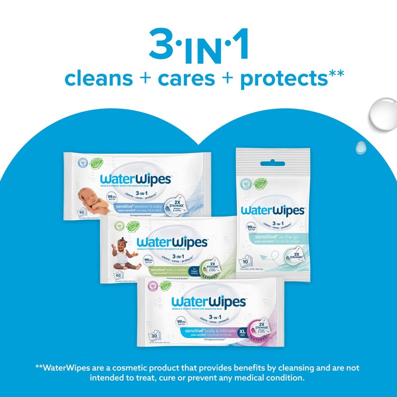WaterWipes Sensitive+ Newborn & Baby Wipes, 3-In-1 Cleans, Cares, Protects, 99.9% Water, Unscented & Hypoallergenic, 60 Count