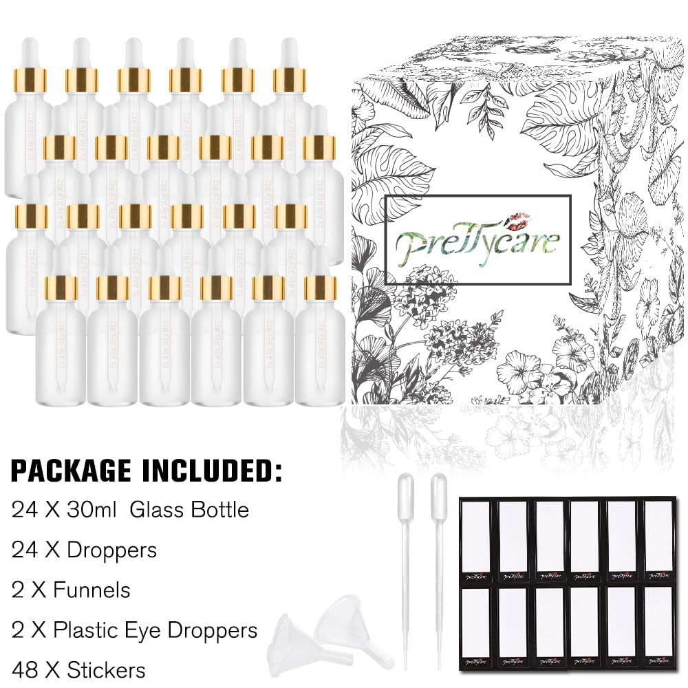 PrettyCare 1oz Glass Dropper Bottle Set of 24, Thick Rose Frosted Glass Bottles Empty with Leakproof Caps, Labels, Funnels - 30ml Eye Dropper Bottles for Storage, Travel, Essential Oils, Tincture