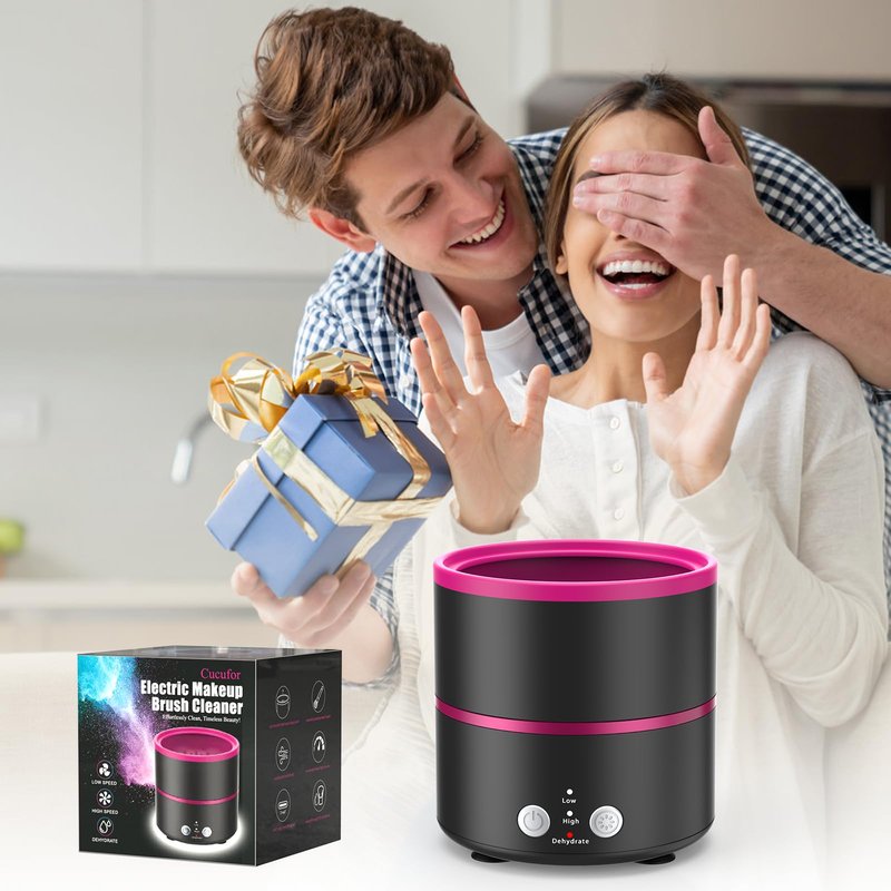 Cucufor Electric Makeup Brush Cleaner Machine, 2 Speeds and Dehydration Powerful Friction Removes Residue on Makeup Brushes Set/Sponge/Powder Puffs, Efficient Cleaning, Spinning Washer Black Pink