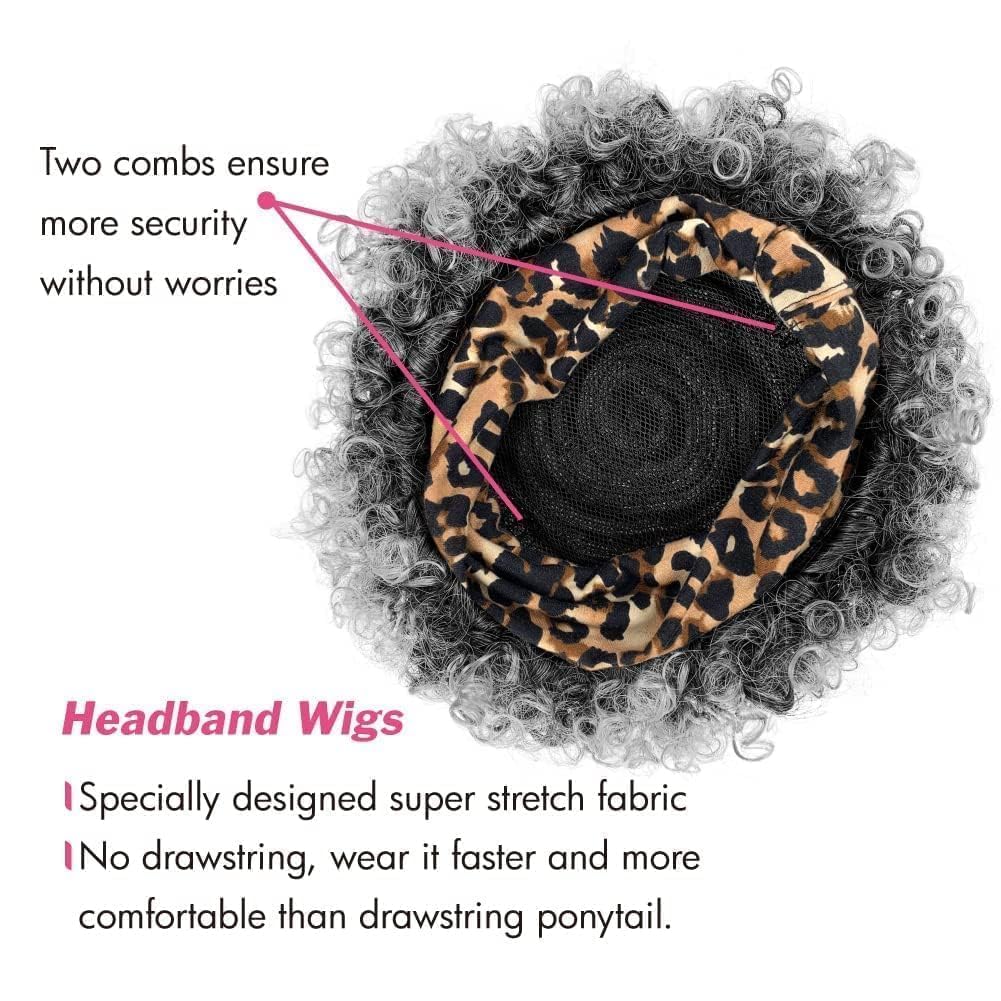 Allyreetress Salt and Pepper Headband Wig Short Curly Wigs with Headbands Attached for Black Women Synthitic Kinky Curly Afro Puff No Drawstring Wig Headwrap Hairstyles With 2 Clips(T1B/Grey)