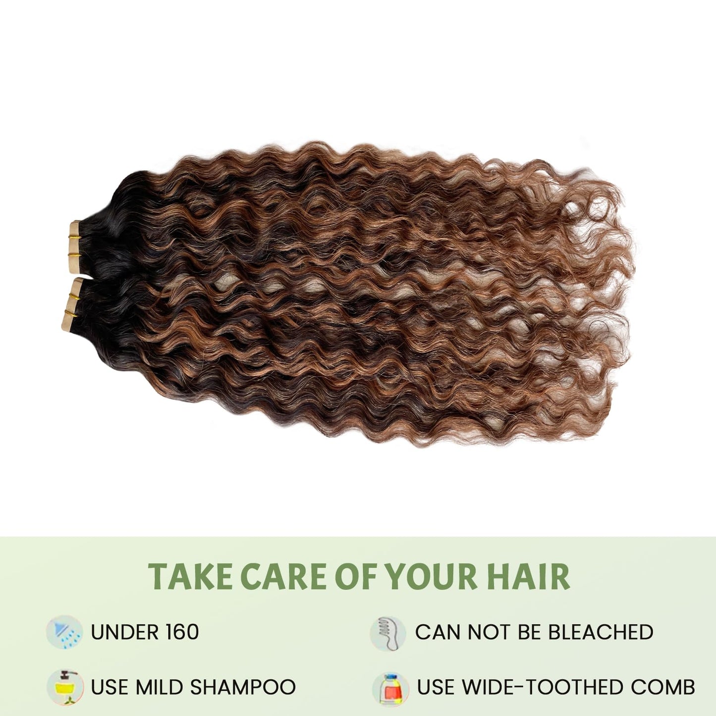 Tape in Hair Extensions Human Hair, Ombre Brown Colored Water Wave Tape in Extensions, 20pcs 50g 16 inch Remy Invisible Tape ins Curly Soft Real Human Hair for Black Women