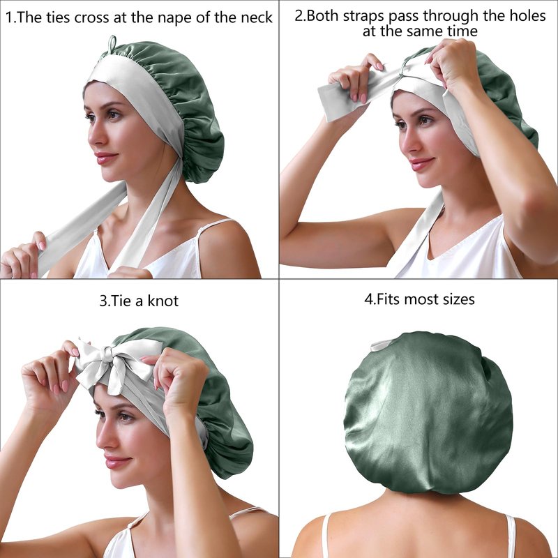 ZIMASILK 100% Mulberry Silk Bonnet for Sleeping Women Double-Layered Breathable Hair Wrap with Silk Tie Band - Reducing Hair Friction (1Pc, Grayish Green)