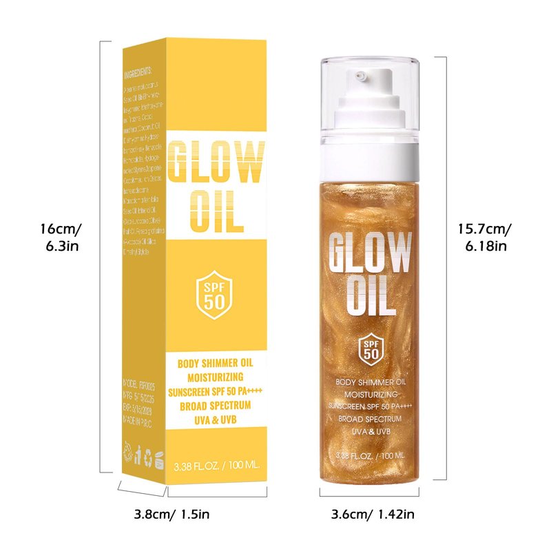 Body Glow Oil, Broad Spectrum SPF 50, Glitter Shimmer Sunscreen Body Oil Lotion with Sequin Mica, Lightweight Non-Sticky Moisturizer with Coconut, Skin Illuminator Glowing Results (01# Golden Amber)