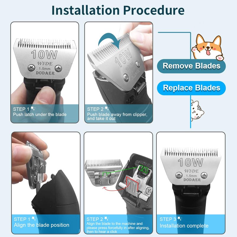 Newbulu Sizi 10W Dog Grooming Clipper Replacement Blades, Compatible with Ainds, Oster A5, Wahl Km10 and Other Series Clippers, Blade Size-10W Cut Length 1/16"(1.5mm)