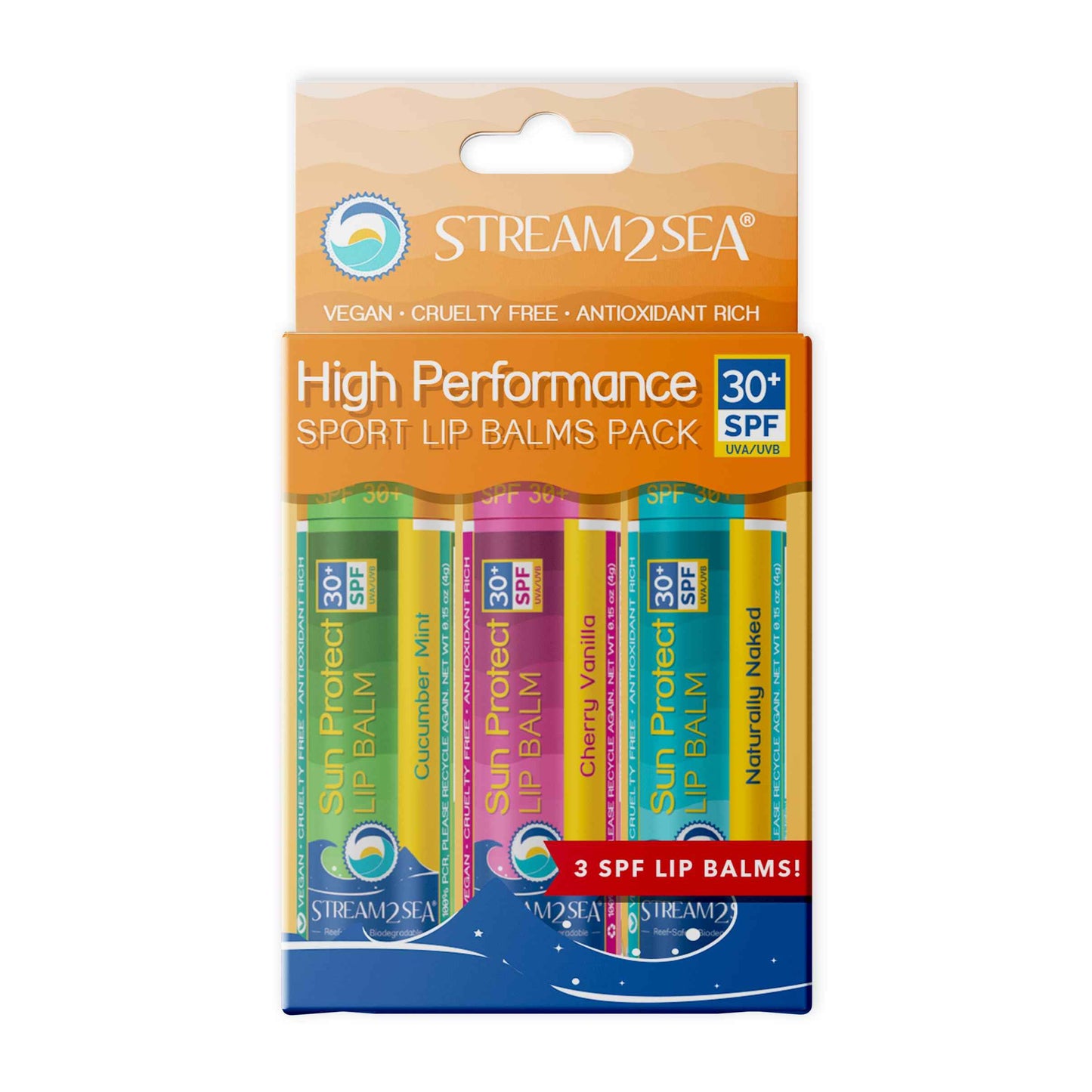 STREAM 2 SEA SPF 30 Organic Lip Balm Set, Reef Safe Cherry Vanilla, Naturally Naked and Cucumber Mint, Moisturizing + Sun Protect Outdoor Lip Balm For Beach and Sports, Paraben Free Lip Moisturizer