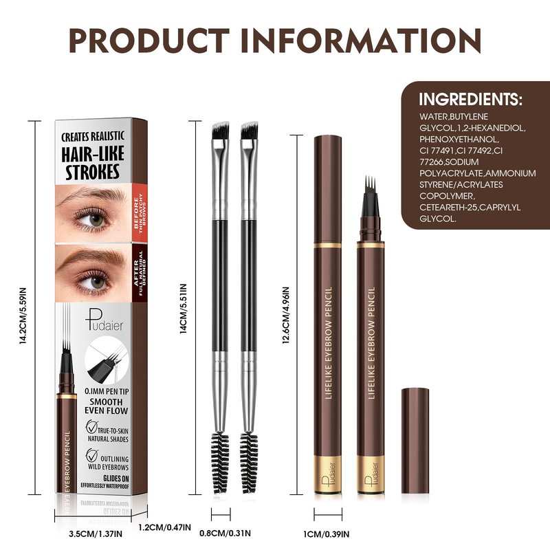 2 Pack 4-Tip Microblading Eyebrow Pen with 2 Brow Brushes, Waterproof Vegan Formula Eyebrow Pencils for Women to Effortlessly Create Natural Hair-Like Strokes, All-Day Wear (Dark Brown)