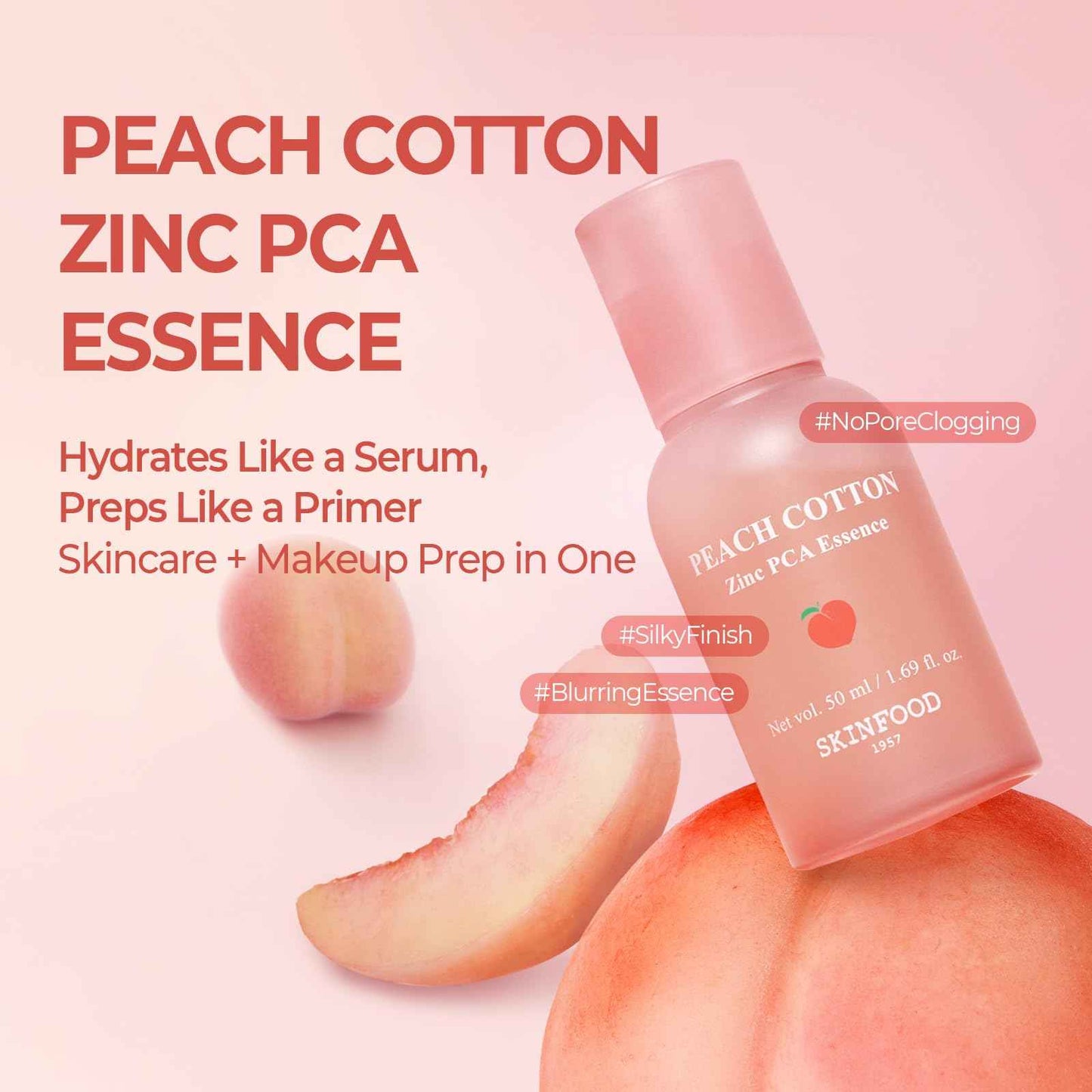 SKINFOOD Peach Cotton Zinc PCA Essence Serum Primer, Korean Skin Care Makeup Prep Hybrid Face Serum, Blurring Matte, Sebum & Oil Control, Hydrating Primer for Sensitive, Oily Skin (1.69 fl. oz.)