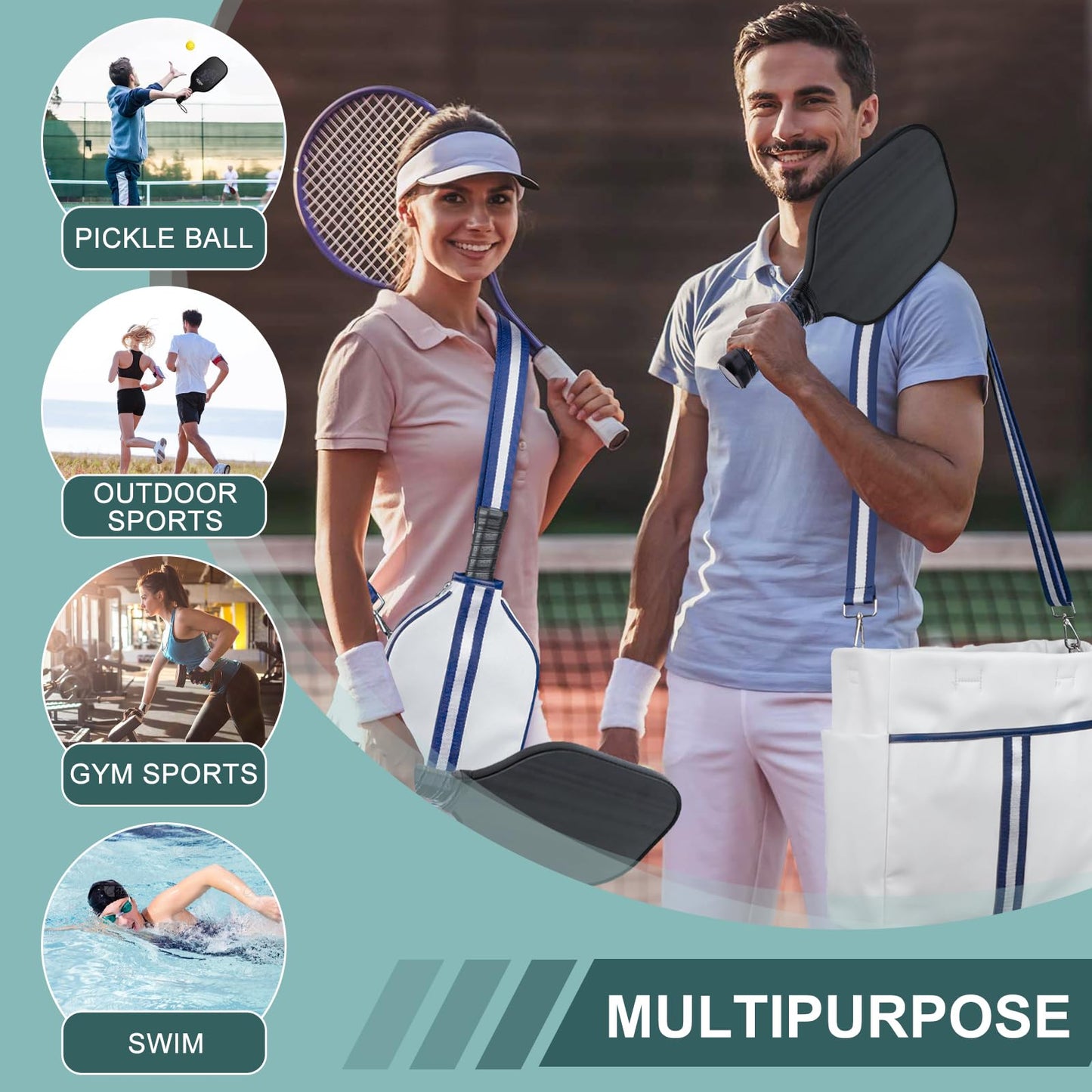 MetroTesco Pickleball Bag for Women Men, PU Leather Sports Pickle Ball Bags, Crossbody Sling Tote with Removable Shoulder Strap, Gift for Pickleball Enthusiasts (Navy White)