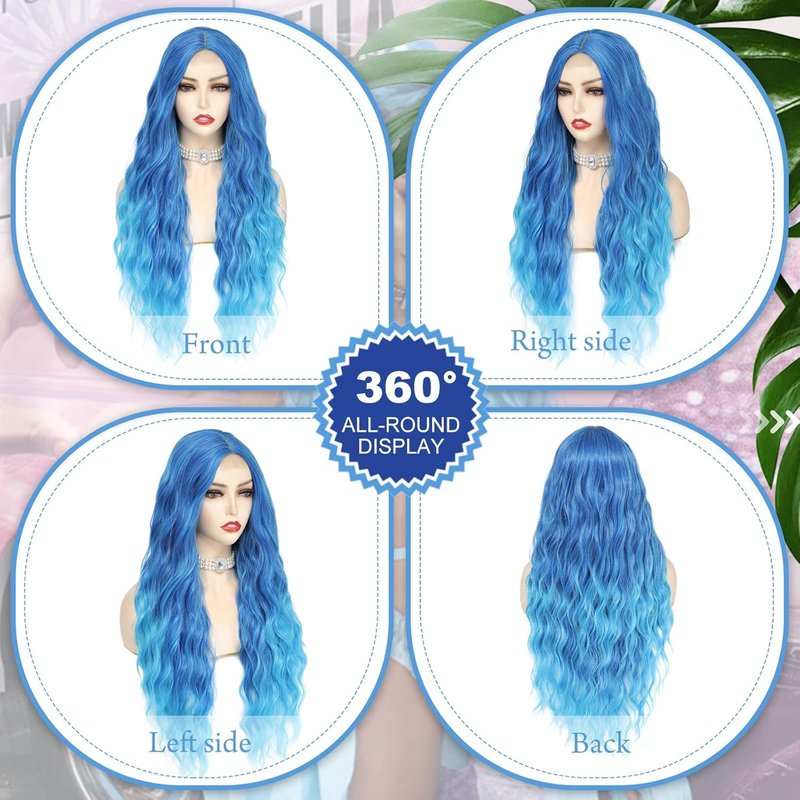 BUPPLER Cosplay Long Blue Wig 28 Inch Middle Part Synthetic Wig Realistic Gifts Party Wigs for Women Daily Use Colorful Wigs (Blue)