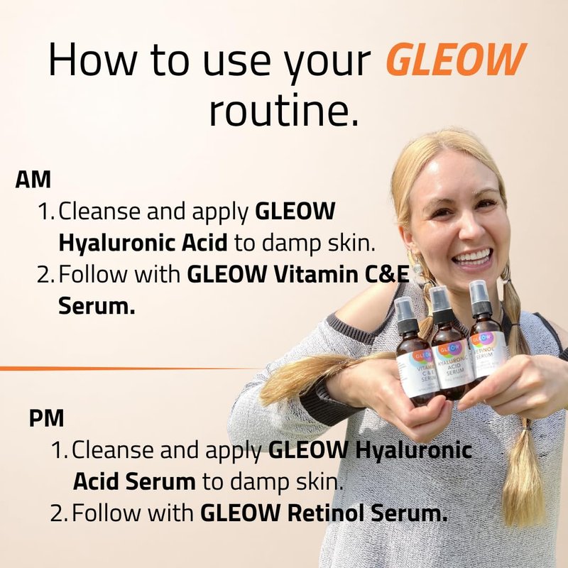 GLEOW Skincare Set: Retinol, Vitamin C, and 99% Hyaluronic Acid Serum, Face Serum Set Targets Appearance of Uneven Skin and Dryness, Total Package Serum Set 3x2 oz