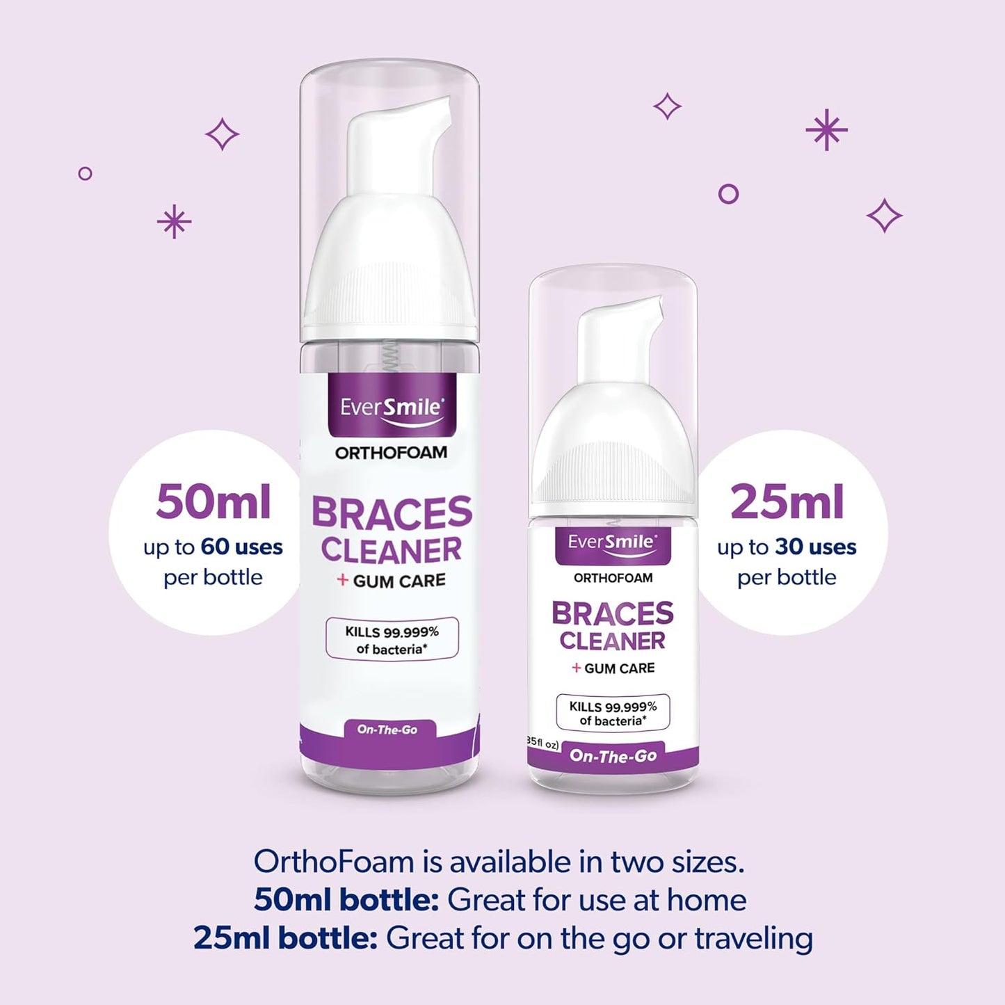 EverSmile OrthoFoam Braces Cleaner - Brushable Foam Whitens Teeth, Fights Plaque & Bad Breath | 25ml Travel Size (2 Pack)