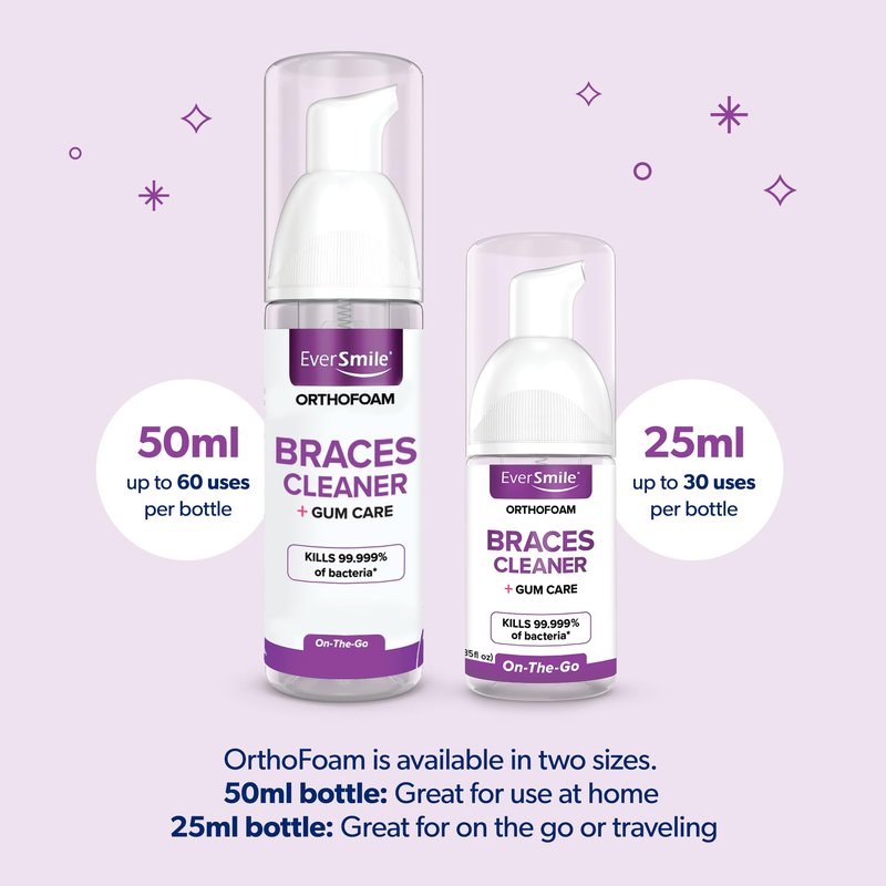 EverSmile OrthoFoam Braces Cleaner — Brushable Foam Whitens Teeth, Eliminates Bacteria, Fights Plaque and Bad Breath – Cleans Under Metal, Ceramic, Clear Brackets and Wires – 50ml (2 Pk)