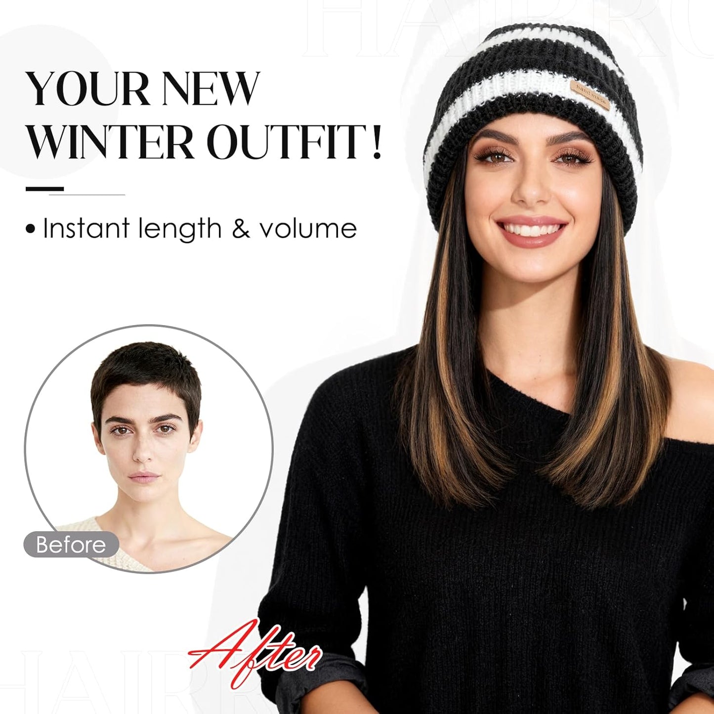 Beanie Wig Hat with Hair for Women - Warm Synthetic Knitted Pom Pom Slouchy Cable Knit | Medium Brown 11” 200g