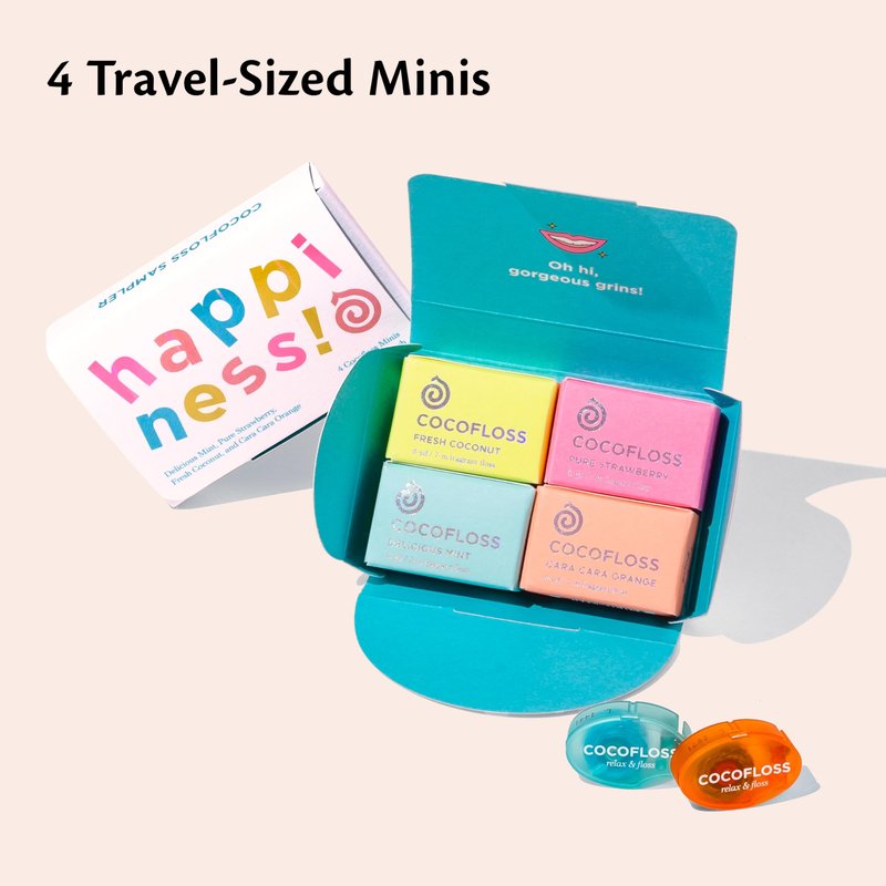 Cocofloss Woven Dental Floss, Travel Sampler, Dentist-Designed Oral Care with Coconut Oil, Waxed, Vegan, Kid-Friendly, 4-Pack Minis, Mint, Coconut, Orange, Strawberry (8 yd Each)