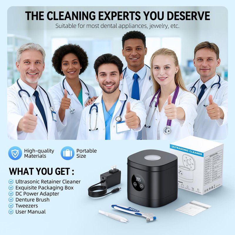 COBEEK Ultrasonic Retainer Cleaner Machine, 52kHz Ultrasonic Denture Cleaner for Night Guards, Braces, Toothbrush Heads, Jewelry and More, Ultrasonic Cleaner for Retainers, Black-Silver