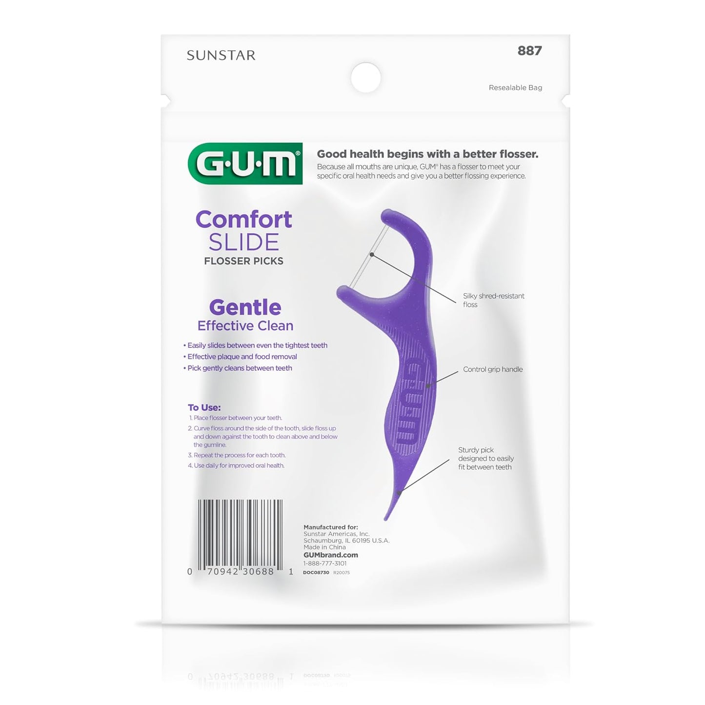 GUM Comfort Slide Floss Picks - Perfect for Tight Teeth - Extra Strong Shred-Resistant Dental Floss, Easy Grip Handle - Dental Flossers for Adults - Fresh Mint Flavor, 120 Count