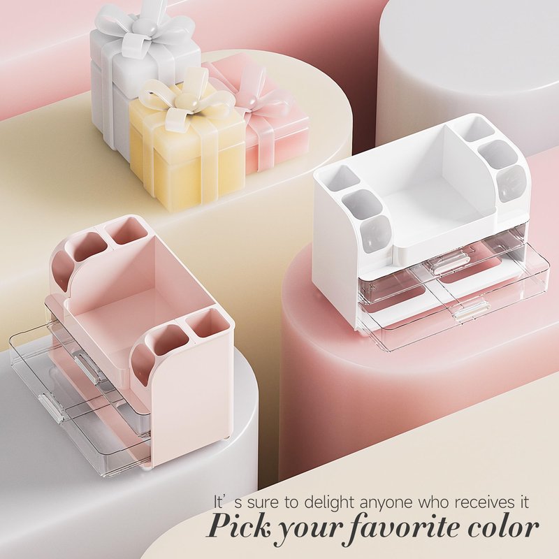 Delamu Large Makeup Organizer Countertop with 6 Brush Holders, Makeup Organizers for Vanity with 2 Large Drawers, Easy to Store Skincare, Lipsticks, Nail Polishes, Perfumes, Eyeshadow Palettes, Pink