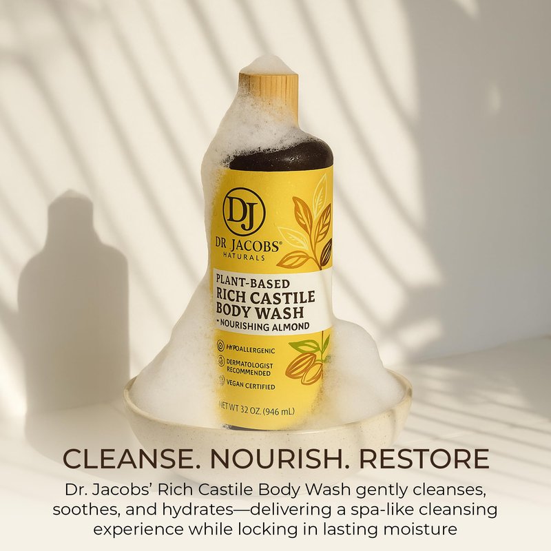 Dr. Jacobs Naturals Pure Castile Soap Liquid Body Wash, Almond - Plant Based Castile Soap Infused with Vitamin E and Aloe Vera to Moisturize Dry and Sensitive Skin - Made in The USA - 32 oz, Pack of 2