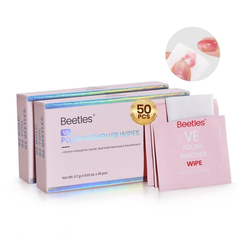 Beetles Nail Polish Remover Wipes - Non-Acetone, 50 Pack 2-in-1 Remove & Nourish Nail Polish Remover Pads - Travel Size, Individually Wrapped with Vitamin E for Quick Dry Nails Polish
