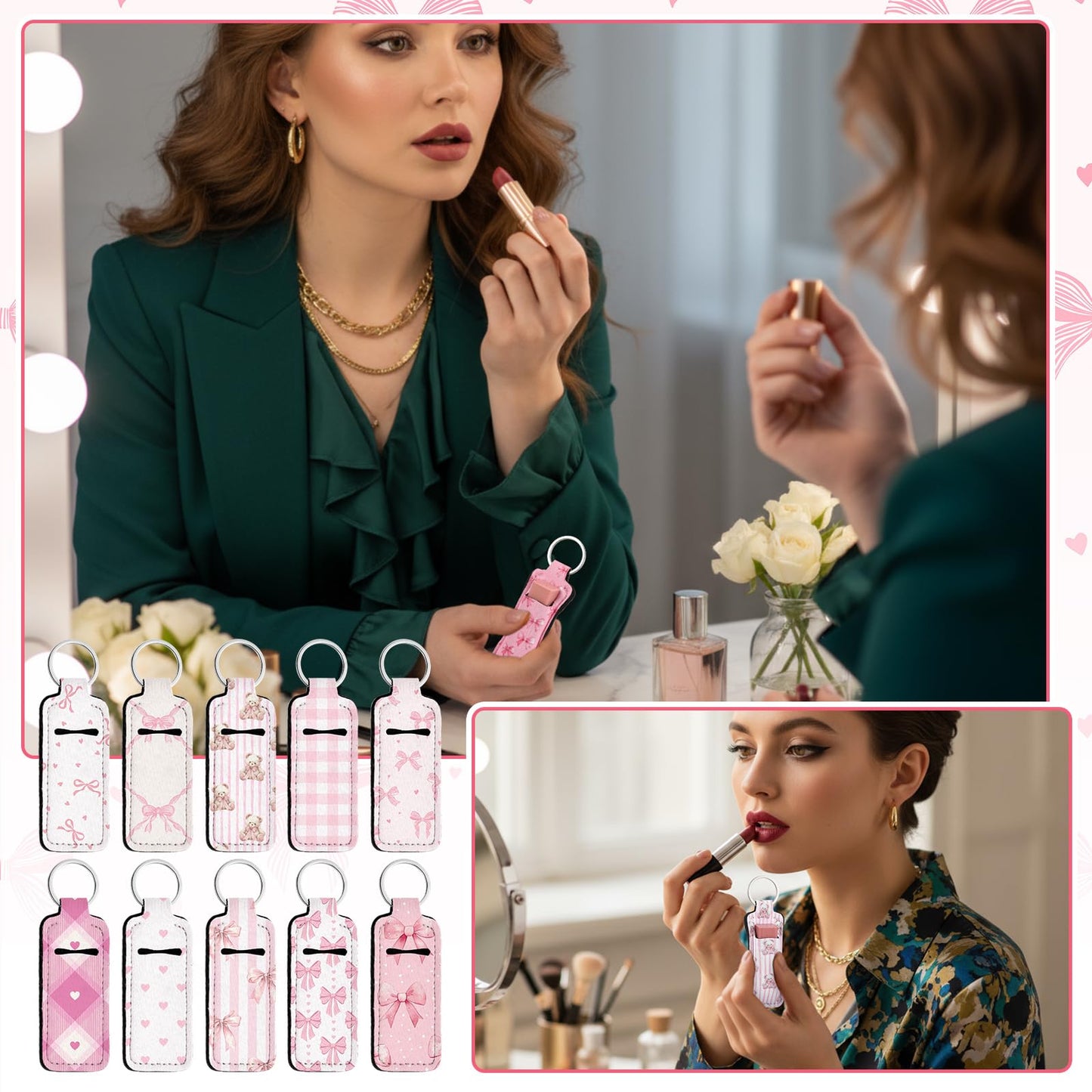 Quelay 40 Pcs Pink Lipstick Holder Keychain Bulk Preppy Bow Lip Gloss Sleeve Lip Balm Holder Gifts for Women(Bow Bear)