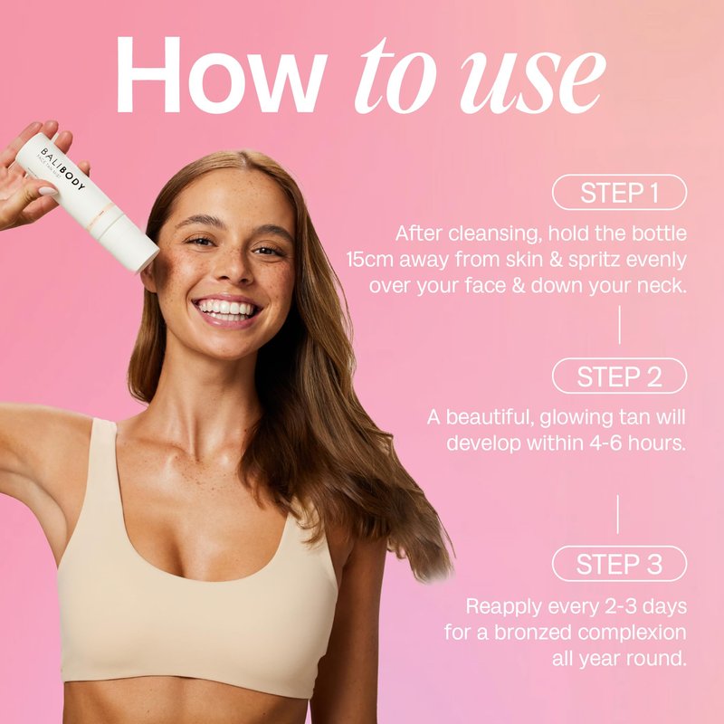Bali Body Face Tan Mist - Dark Shade | Streak-Free, Fast Drying Facial Self Tanner | Hydrating Soothing Formula for All Skin Types | Vegan, Cruelty Free, Australian Made (100 ml/3.4 fl oz)