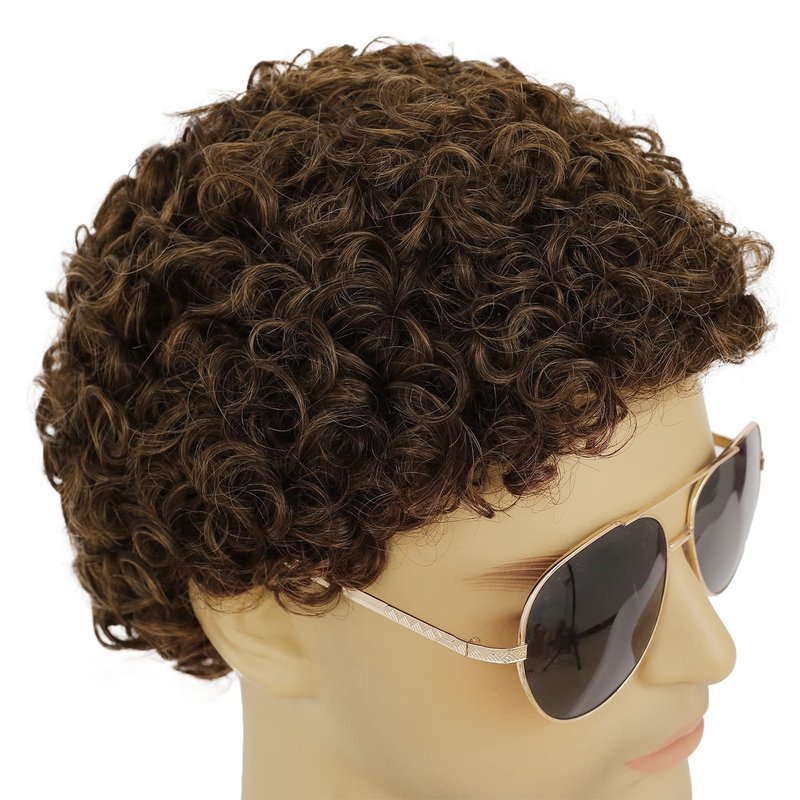 RicHyun Short Curly Brown Wig for Men Short Curly Afro Synthetic Natural Looking Daily Party Costume Halloween Wigs for Male Guys
