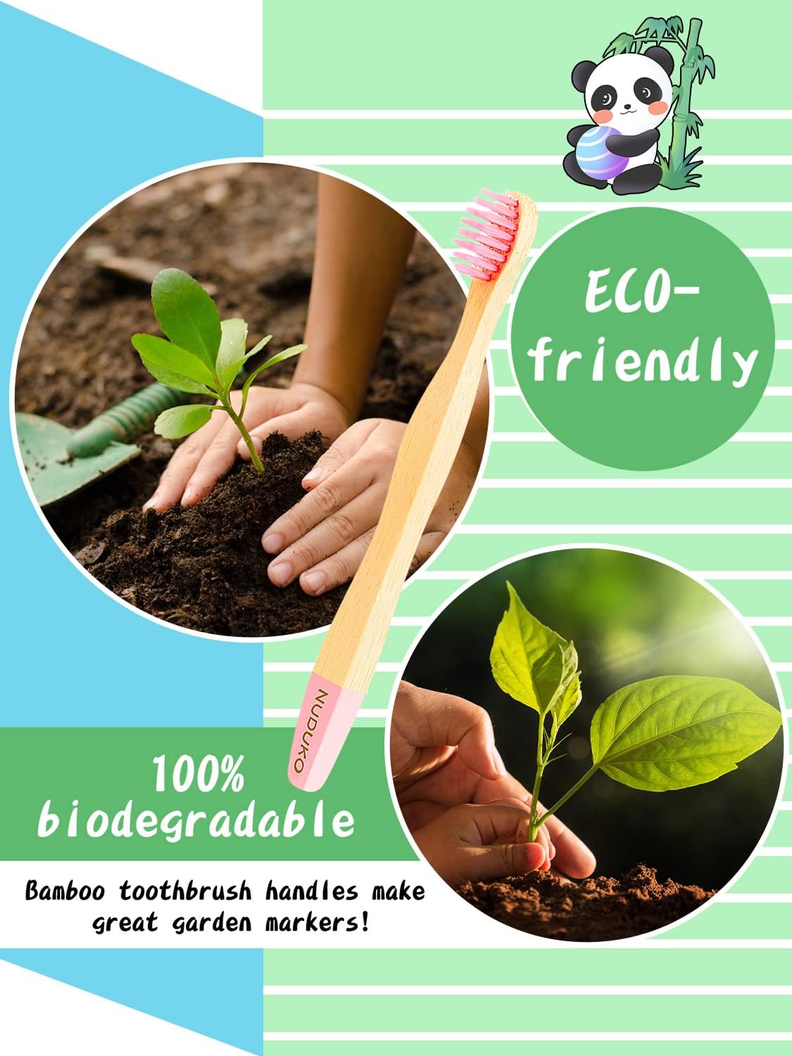 Biodegradable Bamboo Toothbrushes, 10 Piece BPA Free Soft Bristles Toothbrushes, Natural, Eco-Friendly, Green and Compostable