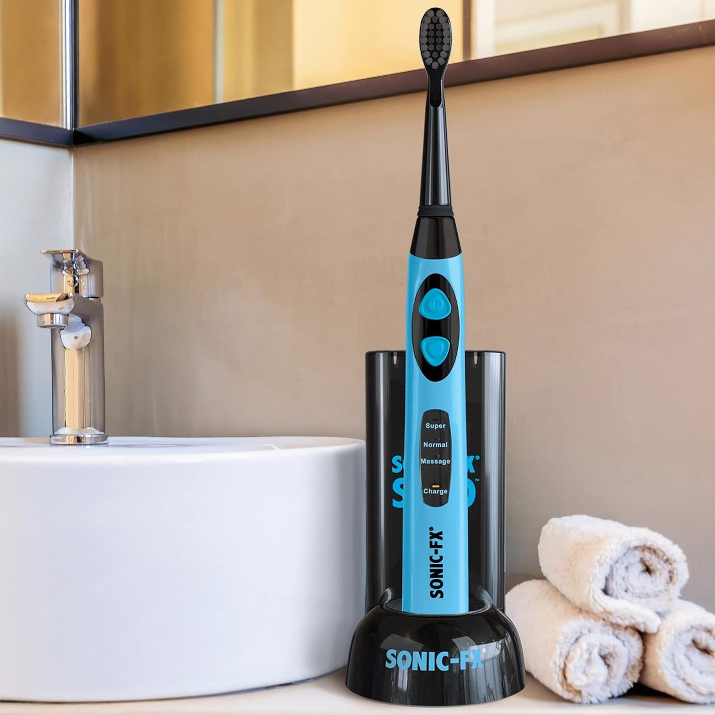 Sonic-FX Solo Electric Toothbrush - 10 Brush Heads, Charcoal Bristles, Rechargeable | Smart Timer, 3 Modes, Blue