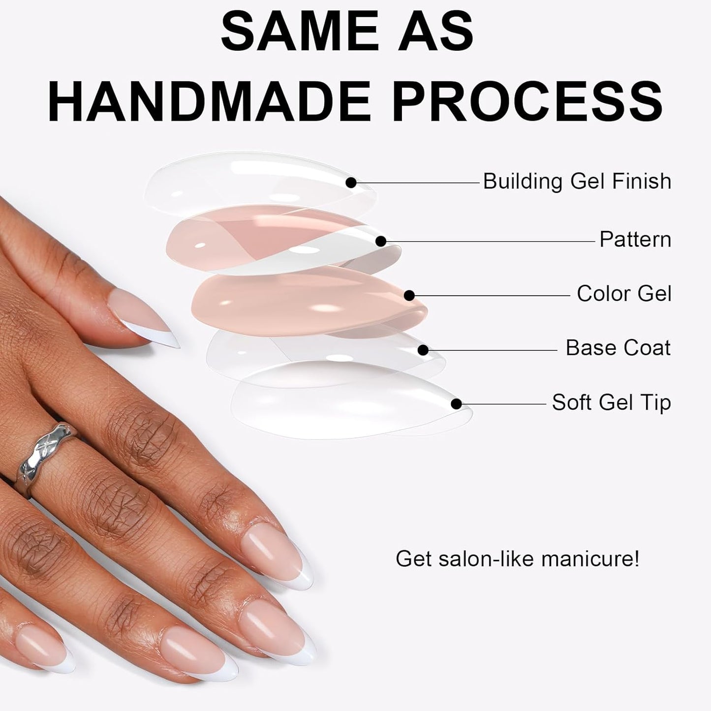 French Almond Gel Press On Nails Short 16 Sizes Fake Nails Glossy 32pcs, Nail Glue Included