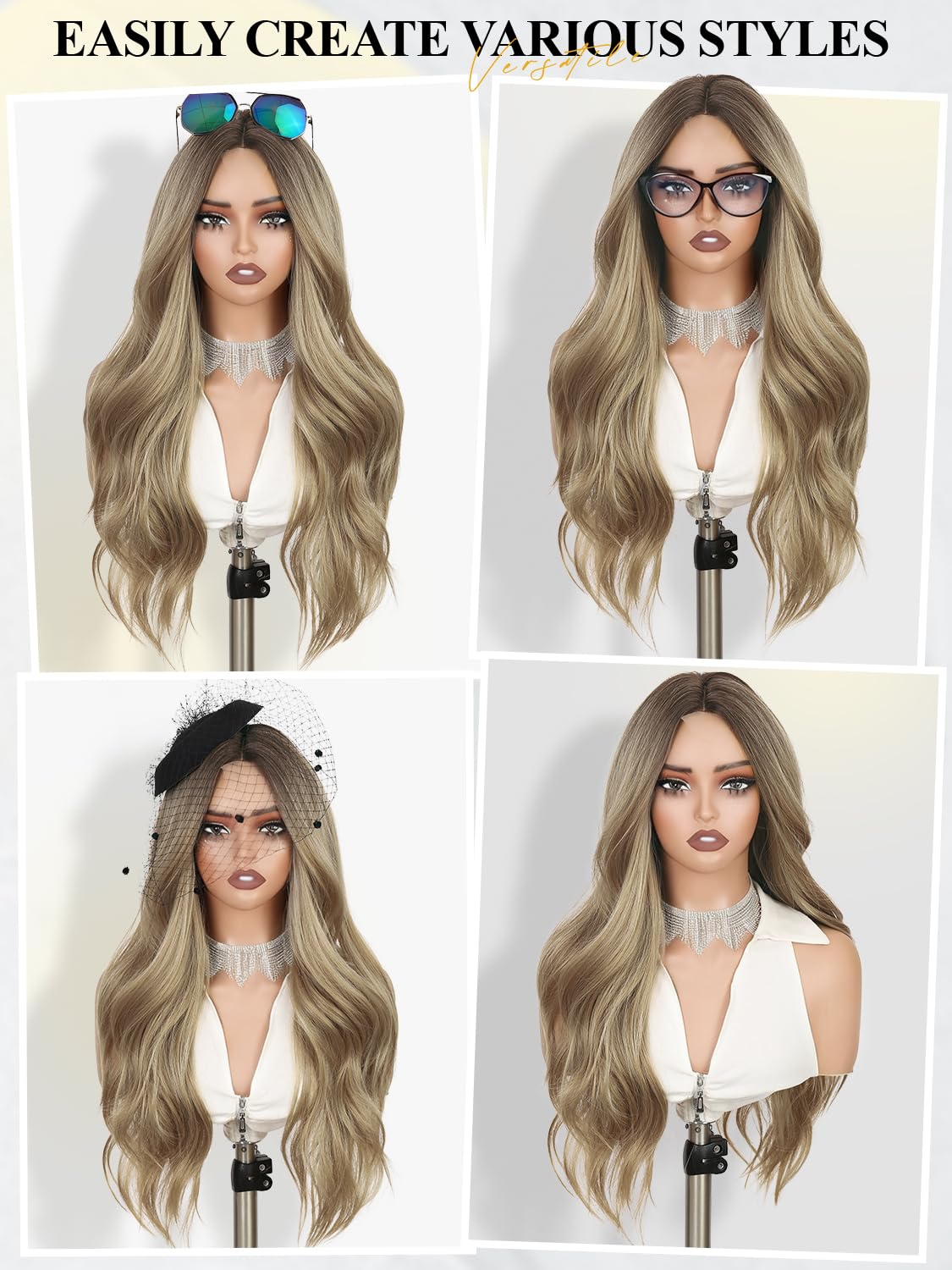 quickwig Ombre Blonde Wig Realistic HD Lace Scalp Long Curly Wavy Wigs for Women Blonde Synthetic Layered Wave Wig Long Wavy Middle Part Curly Wigs Heat Resistant Fiber for Daily Cosplay Halloween
