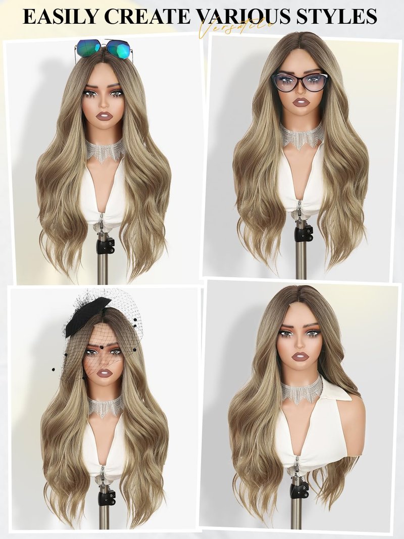 quickwig Ombre Blonde Wig Realistic HD Lace Scalp Long Curly Wavy Wigs for Women Blonde Synthetic Layered Wave Wig Long Wavy Middle Part Curly Wigs Heat Resistant Fiber for Daily Cosplay Halloween