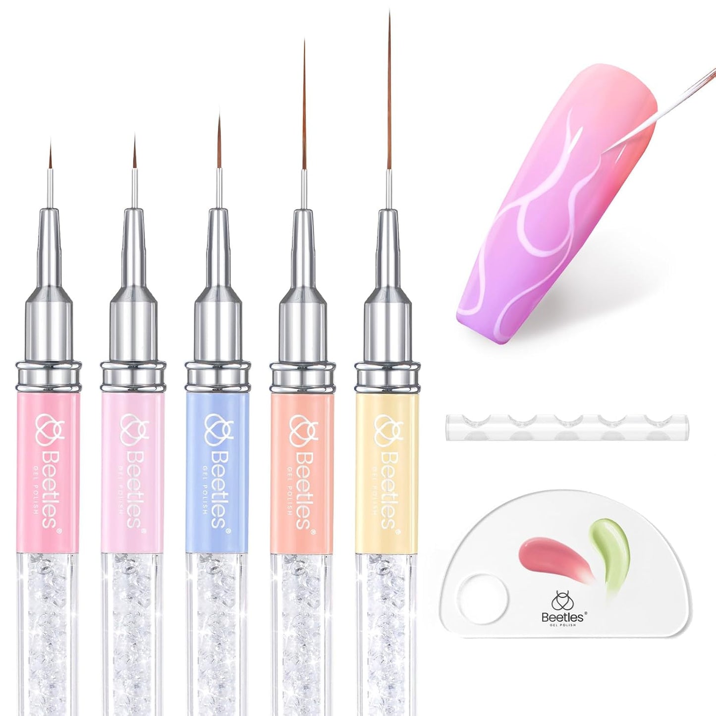 Beetles Nail Art Brushes, 8pcs Double-headed Nail Art Tool Set, Nail Dotting Tools, Striping Nail Art Brushes for Lines, Nail Drawing Pen with Bow knot Stickers Gift for Women
