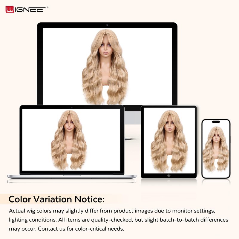 WIGNEE Lightweight Long Wavy Wig with Curtain Bangs for Women – Natural Looking Blonde Synthetic Wig for Daily Wear, Beginner Friendly Heat Resistant Fashion WigGlueless Wear and Go