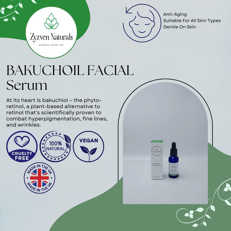 Zyzven Naturals Bakuchiol Facial Serum 30ml 1.05fl.oz Anti Aging, Wrinkles, Fine Lines & Dark Spots Reduction Serum