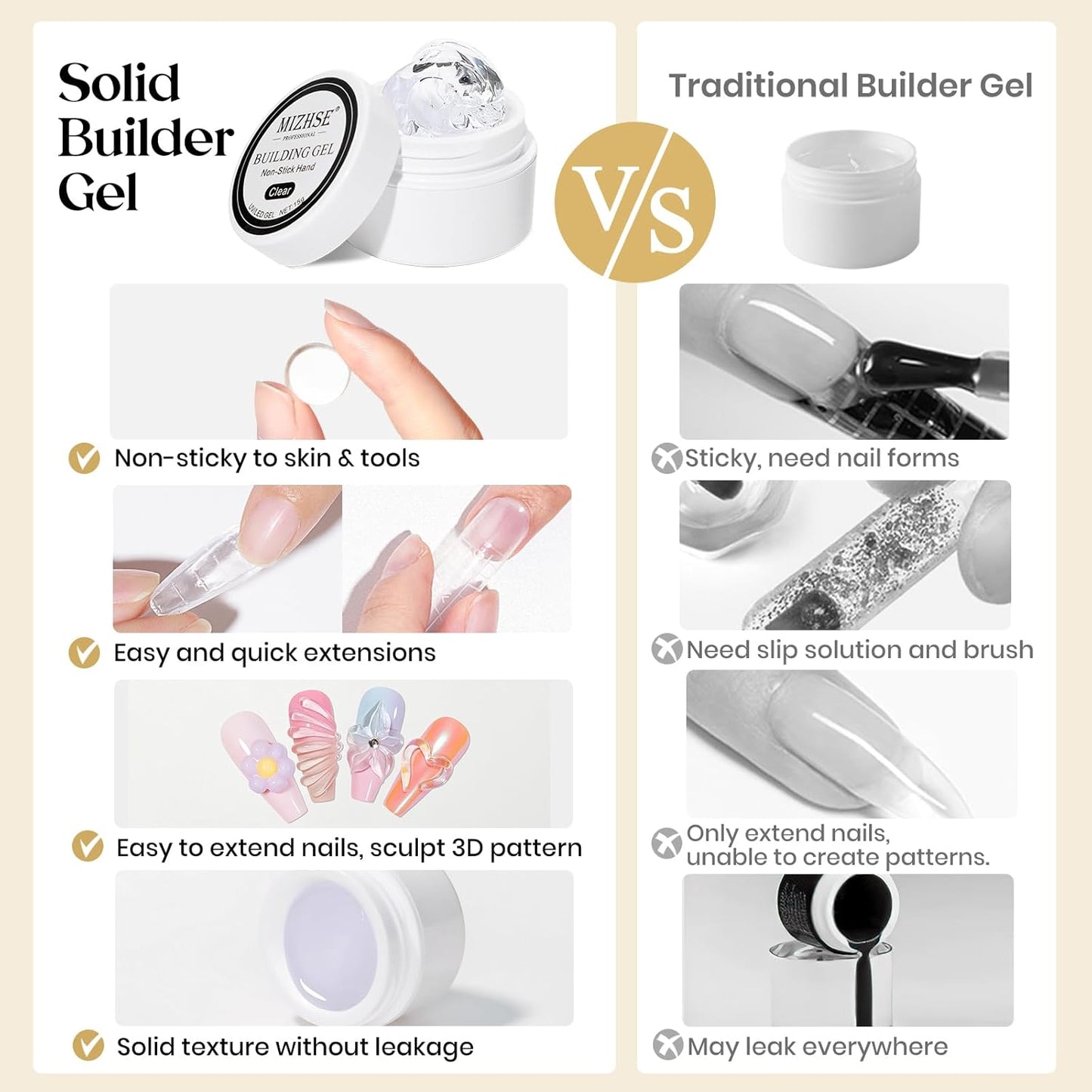 MIZHSE Solid Builder Gel for Nails, Clear Non-Sticky Sculpting Gel, 3D Nail Art Carving Building Modeling Hard Nail Extension Soak Off UV/LED Nail Art Salon Home DIY 15g