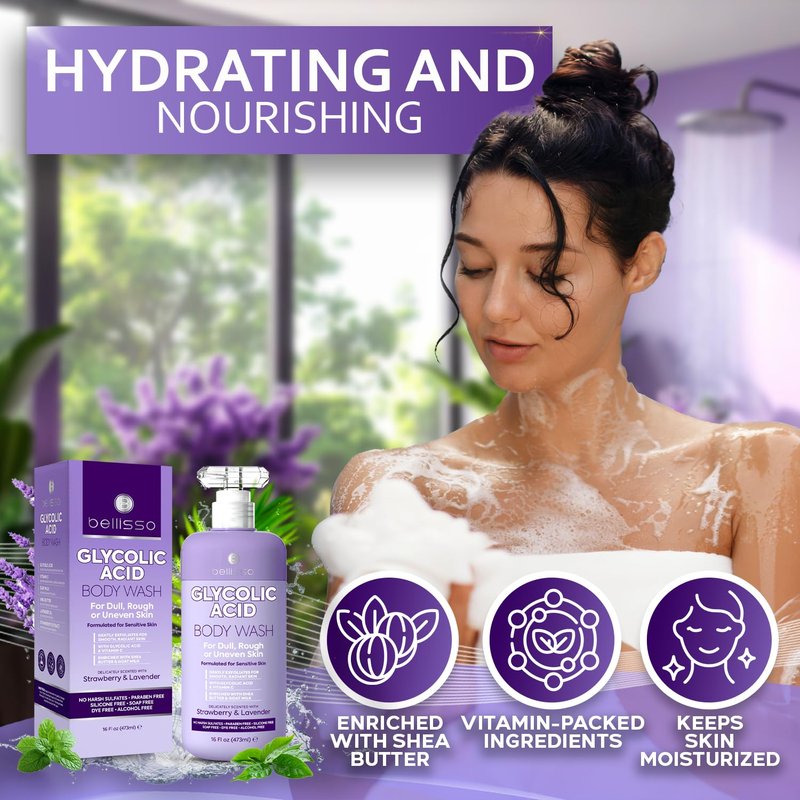 BELLISSO Glycolic Acid Body Wash - Exfoliating AHA Liquid Soap for Rough and Bumpy Skin - Gentle Exfoliant - Bump and Lump Eraser Formula - 16 Fl Oz