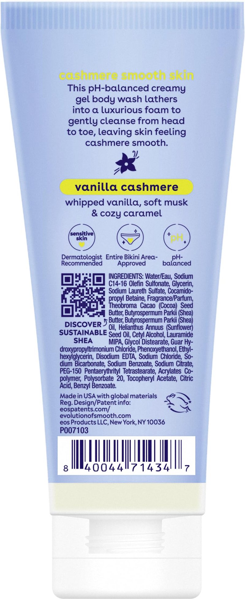 eos Travel Vanilla Cashmere Body Wash- Travel Size Body Wash, Hydrating, Moisturizing, Toiletries, Mini, Shea Butter, 2.5 fl oz