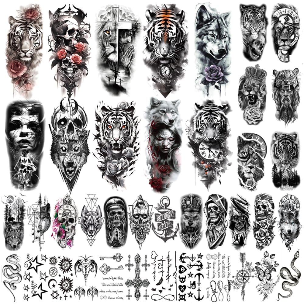 Realistic 3D Animal Temporary Tattoos Set - 40 Sheets for Men & Women, Includes Tigers, Wolves, Lions & Skull Designs