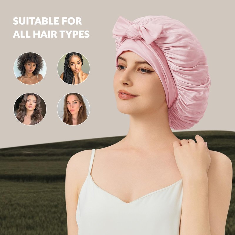 100% Mulberry Silk Bonnet for Sleeping for Women, 22 Momme Grade-6A Single-Layer Silk Bonnet Hair Wrap for Curly Hair Sleep Cap with Soft Long Elastic Bands(1PCS,Pink)